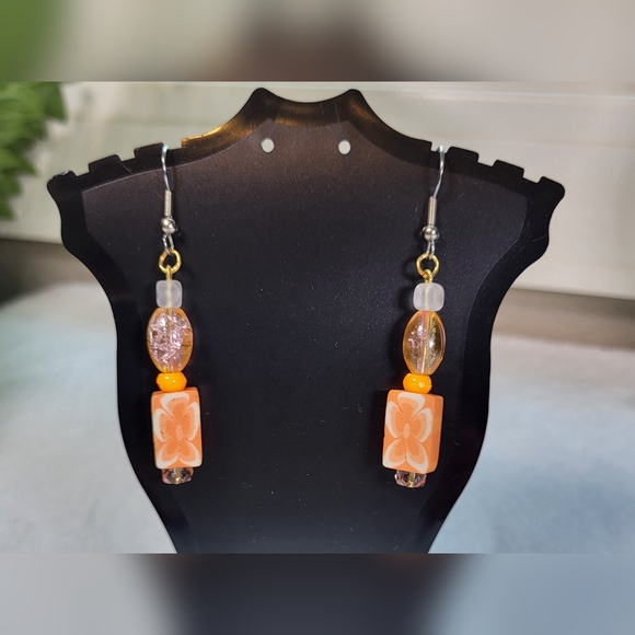 ARTISAN Orange Sherbert Beaded Statement Dangle Earrings / Pierced - Picture 3 of 6